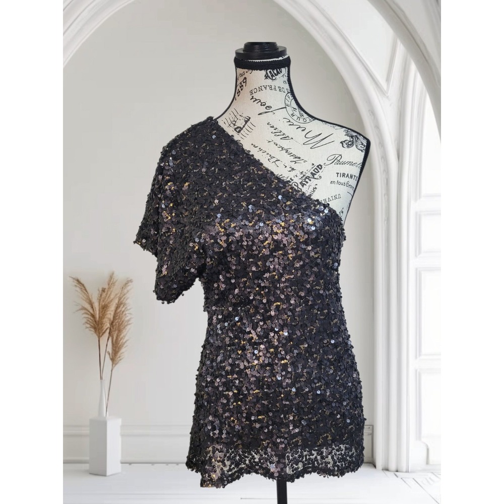Y2K Sparkly Black One Shoulder Sequin Tunic Top - Size Medium Forever 21 Love 21